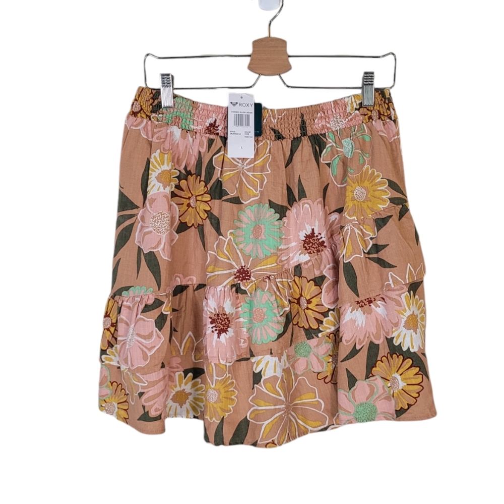 ROXY Floral Cosmic Glow Again Tiered Ruffle Mini Skirt Size L